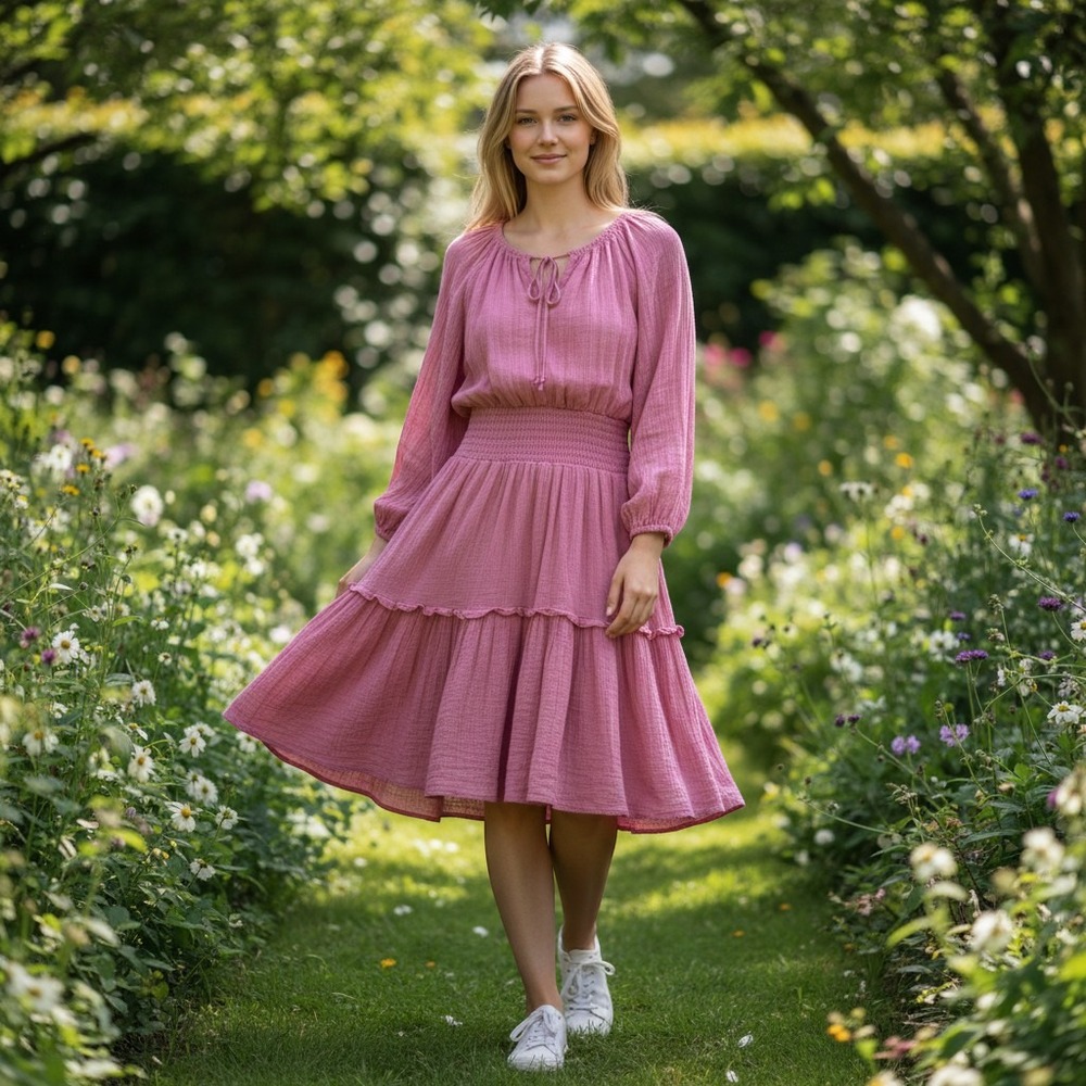 LoveShackFancy Pink Textured Tiered Ruffle Mini Dress Long Sleeve Size M